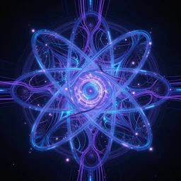 inside a atom, ornate and intricate, by greg rutkowski, by anton fadeev, by rhads, by midge sinnaeve, 4 k, cyber punk style, glowing blue veins, purple glowing wires