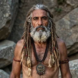 a portrait photograph of Edi Rama as a tribal shaman from the stone age, DSLR photography