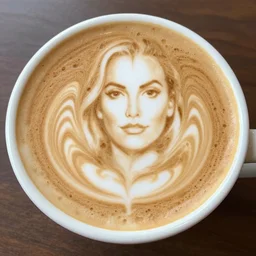 photo of a cup of coffee with latte art in the shape of a margot robbie, highly detailed