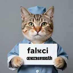 realistic high quality photo of a cute cat mug shot, in prison clothes holding a sign with text that reads : falconi