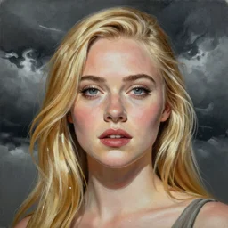 professional painting of Elle Fanning in the style of Jack Kirby, head and shoulders portrait, symmetrical facial features, smooth, sharp focus, illustration, intricate, stormy weather, extremely detailed masterpiece,