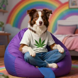 photo of a anthropomorphic furry border collie fursona wearing a marijuana t - shirt and jeans sitting on a beanbag chair in his bedroom, psychedelic rainbows, deep focus, highly detailed, digital painting, artstation, concept art, matte, sharp focus, illustration, art by artgerm and greg rutkowski and alphonse mucha