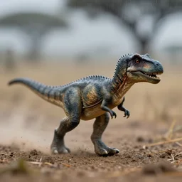award winning photo by saul leiter of a desaturated tiny dinosaur in the savannah, motion blur, dusty, tiny gaussian blur, insanely detailed, insanely intricate, depth of field, low contrast, heavy rain, wide aperture, action photography