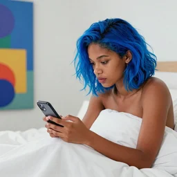 young woman with cinnamon colored skin and bright blue hair using her smartphone under the white sheets on her white bed, masterpiece , Memphis Corporate art style , award winning. Post-processing , vibrant colors