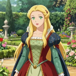 a royal portrait of a very beautiful elven woman with long blond hair and green eyes, wearing a tudor style dress, royal garden landscape, vibrant colors, ambient lighting, 4k illustration, concept art, anime key visual, lois van baarle, ilya kuvshinov, rossdraws, artstation