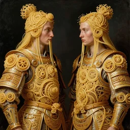 siamese twins made of spaghetti, intricate armor made of spaghetti fractals, ancient warrior spaghetti details, samurai style pasta, by giuseppe arcimboldo and ambrosius benson, renaissance, intricate and intense oil paint, a touch of beksinski, realistic