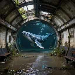 An abandoned, overgrown, flooded London Underground station, a whale is swimming into a tunnel