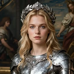 beautiful rugged liv tyler, blonde hair, wearing silver armour, ornate silver wreath, oil painting by titian, hard focus, masterpiece