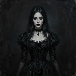 a painting of a woman in a black dress, a character portrait by lois van baarle, trending on artstation, gothic art, darksynth, dark and mysterious, gothic h 8 9 6