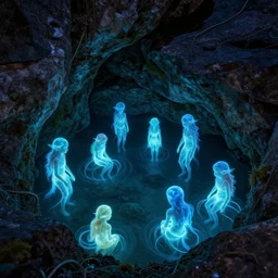 bioluminescent ethereal water elementals nesting in a rock pool, extremely detailed, sharp focus, wide view, full body shot, smooth, digital photo, by, mcbess, james jean, by rossdraws, frank franzzeta, sakimichan, jeremy lipking