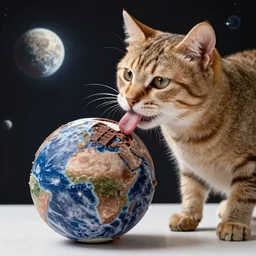 a cat licking the planet chocolate ice cream in space