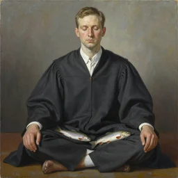 a stunning ultra realistic fine art painting of the world's greatest lawyer meditating on the floor, trout sticking out of pants,  studio portrait, vibrant colors, 4K