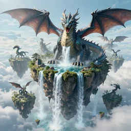 floating islands with waterfalls and dragons, digital art, aesthetic, astonishing detail