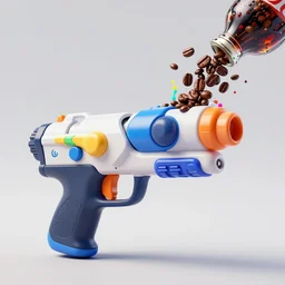 a water gun with splatoon 3 style, fill it with coffee beans and coke, spray colorful paint,