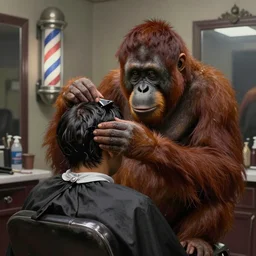 an epic matte painting of an orangutan in a barber shop getting a haircut, barber pole in background, in the style of algernon blackwood, highly detailed digital art, ornately detailed, muted color, photorealistic