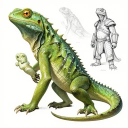 lizard warrior design, character sheet, Moebius, Greg Rutkowski, Zabrocki, Karlkka, Jayison Devadas, Phuoc Quan, trending on Artstation, 8K, ultra wide angle, zenith view, pincushion lens effect.