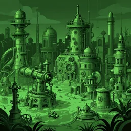 swamp with a lot of dieselpunk mechanisms inside scientific illustration, made in brutal architecture in rich and saturated shades of dark green
