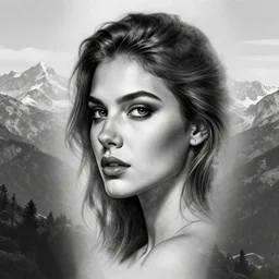 tattoo design sketch of a beautiful woman face with a stunning mountain view faded background on her side, hyper - realistic, double exposure, in the style of matteo pasqualin, amazing detail, black and white, faded
