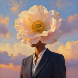 portrait, giant flower as head, a black woman in suit, surreal photography, golden hour, colorful clouds, impressionist painting, digital painting, artstation, simon stalenhag