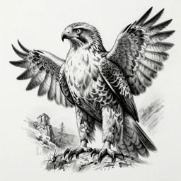 tattoo sample stencil. pencil sketch, black and white, hawk