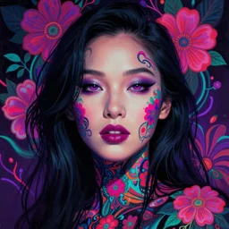 portrait of gemma chan, hyper detailed masterpiece, neon floral pattern, jean giraud, digital art painting, darkwave goth aesthetic, psychedelic, artgerm, donato giancola and tom bagshaw