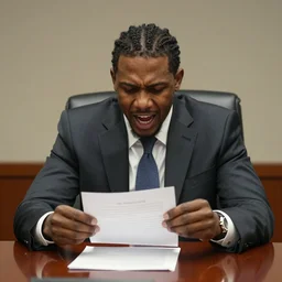 lamar jackson in a boardroom tearing up a piece of paper as an executive freaks out
