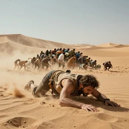 man crawling from creature made of people, insanely detailed, 8 k, exquisite with dust volumetrics in desert in the style of straylight dune villeneuve, grunge, saturation, over amplified
