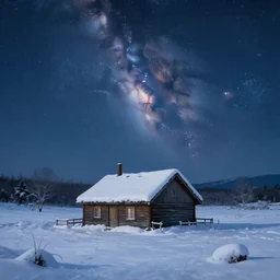 snow - covered small house, night, stars in the sky, the milky way in the sky, winter landscape, painting by craig mullins, octane rendering, wide angle lens, in the style of hayao miyazaki, trending on artstation,