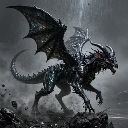 pearlescent black lilith! the mother of all demons, covered in iridescent glitter!!, raining ash, fine art masterpiece, highly detailed dino valls wayne barlowe machiej kuciara, dramatic lighting, long shot, side angle, uhd 8 k, sharp focus