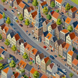 dutch townscape, top - down isometric view, painting