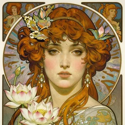 realistic detailed face portrait of Mata Hari among sacred lotus flowers by Alphonse Mucha, Ayami Kojima, Yoshitaka Amano, Charlie Bowater, Karol Bak, Greg Hildebrandt, Jean Delville, and Mark Brooks, Art Nouveau, Pre-Raphaelite, Neo-Gothic, gothic, Art Nouveau, intricate fine details, exquisite, rich deep moody colors, beautiful detailed background