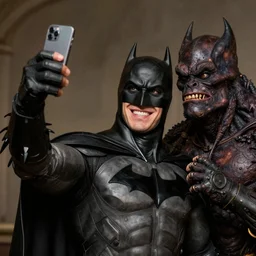 Photography, Batman taking a selfie with Creature, big smile