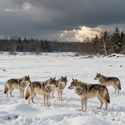 a pack of wolves at a snowy landscape, Russian vintage