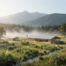 ecovillage 🏢designed by olson kundig, day time, grand mountains and forest in the distance, farm and gardens, streams, white mist, sun in the sky, Cinematic, environment concept art, ethereal, ultra detailed, unreal engine style, cinematic light, trending in artstation, highly detailed, epic scene