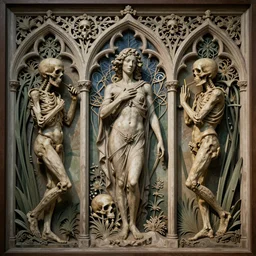 detailed realistic memento mori by augustus pugin, gothic ornament, skulls, bones, art nouveau, neogothic, ornate art nouveau botanicals, horizontal symmetry