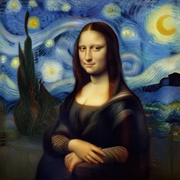 photograph of mona lisa by vincent van gogh, starry night, ambient, pastel - n 9