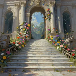 matte sharp painting of marble steps fantasy leading do a fantasy gate opening flowers, roots ruins along the steps, artstation behance by emilia dziubak, will terry, greg olsen, chris mars, ann long, and mark brooks, lisa frank, dramatic, neo classical architecture, colorful