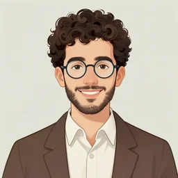 jewish young man with glasses, beard stubble, dark short curly hair smiling, illustration in the style of e. h. shephard