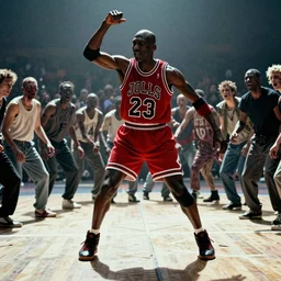 still from thriller music video with michael jordan dancing in the center, zombies