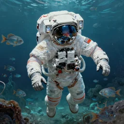 a digital painting of an astronaut floating in an alien ocean surrounded by alien fish, sharp focus, retro futuristic by beeple, wayne barlowe, roger dean and ernst haeckel