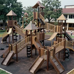 full - color closeup 1 9 7 0 s photo of a vast incredibly - large complex very - dense tall many - level playground in a crowded schoolyard. the playground is made of dark - brown wooden planks, and black rubber tires. it has many spiral staircases, high bridges, ramps, and tall towers.