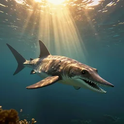 underwater view of a long neck, large body, dagger toothed plesiosaurus, octane render, cinema 4 d, light rays, cinematic lighting, golden ratio, underwater photography, realistic, volumetric lighting, wildlife documentary, by greg rutkowski