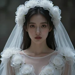 hight focus f - 2 2, 8 5 mm, iso 1 0 0 : a wonderful realistic focused face portrait of a lonely woman with a detailed wonderful symmetrical face who is dressed with a wonderful, majestic, large semi transparent white cotton dress ornate with semi transparent cotton roses and semi transparent white veils, dramatic light, octane render, by roberto ferri style, - 8 k