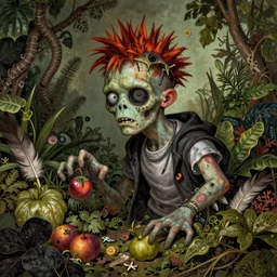 portrait of a teenage punk zombie dissolving in a field of foliage, botanicals, fruit and feathers, highly detailed, vivid color, chiarascuro lighting, fantasy art, in the style of pieter bruegel, cartoonish, whimsical