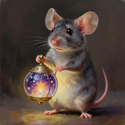 an extremely well painted and super detailed oil painting of a cutest mouse standing on two feet with an intricate round bell - lantern infused with magic of the stars in its hands, professional painting by beeple, dynamic lighting, trending on artstation, octane render, realistic fur, sharp focus, intricate detail