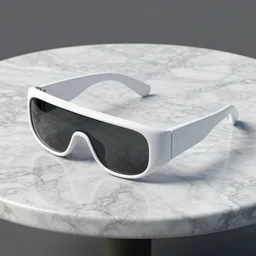 white futuristic glasses on a marble table, hyper detailed, 8k resolution, studio lighting, 3D model