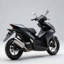 photo of a futuristic yamaha aerox concept scooter, slick rims, black matte paintjob, tiranium racing exhaust, studio light, 8 5 mm, f / 1. 3