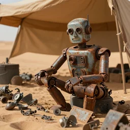 rusty robot merchant in a desert tent selling parts, ultra realistic photograph, cinematic lighting, sand.