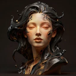 abstract art with swirly black liquid acrylic paint and beautiful female face, beautiful color composition, warm colors, black details, surreal 3 d sculpt, zbrush, octane render, dark mood, female body mixing in to the liquid sculpture, dark colors, black color with golden glow