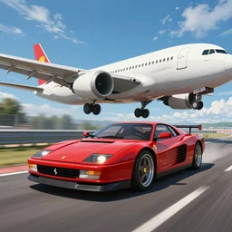 a ferrari testarossa speeding under a massive plane on a straight near bordeaux, global illumination, in the style of initial - d anime